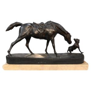 Scultura In Bronzo di Cavallo con Cane - Italia Inizio XX Secolo